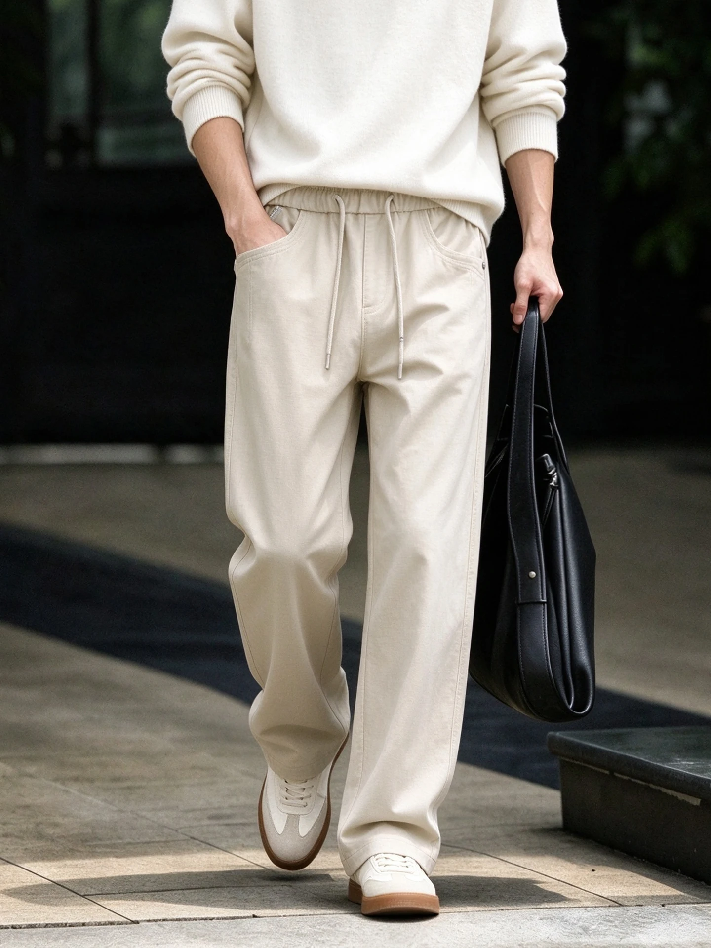 Autumn Winter Men's Casual Pants Wool Blend Drapey Straight Leg Trousers Light Beige Comfortable Breathable Warm Elastic