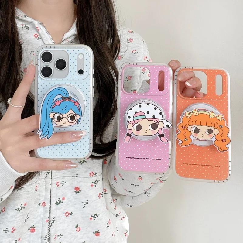

Korean Candy Color Polka Dots Magnetic Phone Case For iPhone 17 Pro 16 15 Pro Max Cover with Stand Shockproof Cases For Girls Fu