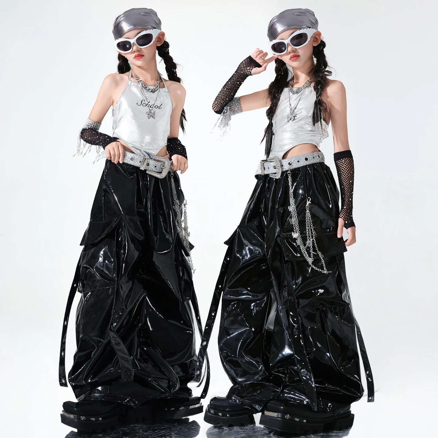 Pantaloni cargo lucidi in pelle PU con paillettes Hip Hop per ragazze Costumi di gruppo per ragazze di ballo di strada per bambini Abbigliamento jazz streetwear per bambini