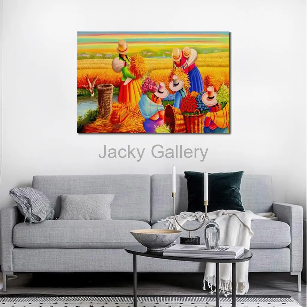 Modern Realist Landscape Canvas Art Harvest Hand Painted Spanish Figures Oil Painting Contemporary Dining Room Bedroom Decor