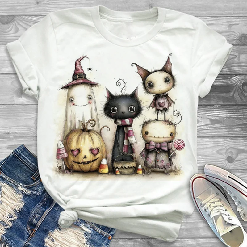 المرأة المطبوعة شخصيات الهالوين الكرتون وشبح القطة السوداء نمط تي شيرت مطبوع أعلى لطيف نمط الملابس تنوعا تي شي