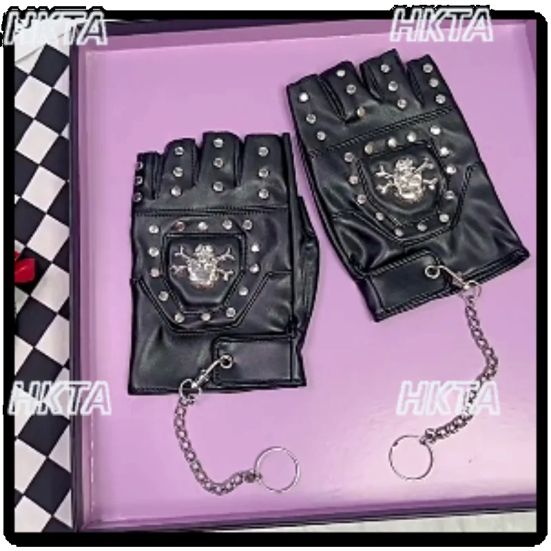 

Y2K горячая девушка субкультура варежки из искусственной кожи в стиле панк Хэллоуин заклепки европейско-американское сценическое шоу рок черные женские перчатки с половиной пальца