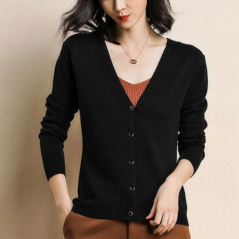 Women Button Solid Color Knit Cotton Short Cardigan Long Sleeve Casual Warm Loose Sweater