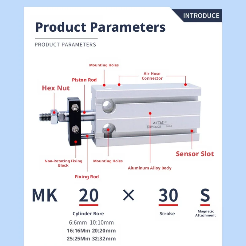 AirTAC MK Multi Installation Compact Cylinder MK16 MK20 MK25 MK32 Mini Pneumatic Cylinder 5-100mm Stroke For Automated Equipment