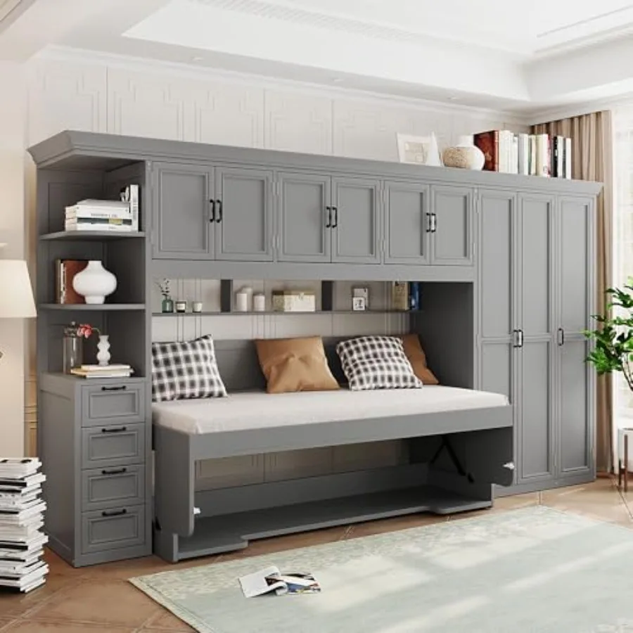 

Twin Size Murphy Bed with Desk, Multifunctional Wood Foldable Wall Bed with Wardrobe, Drawers and Cabinet, Space-Saving Hidden