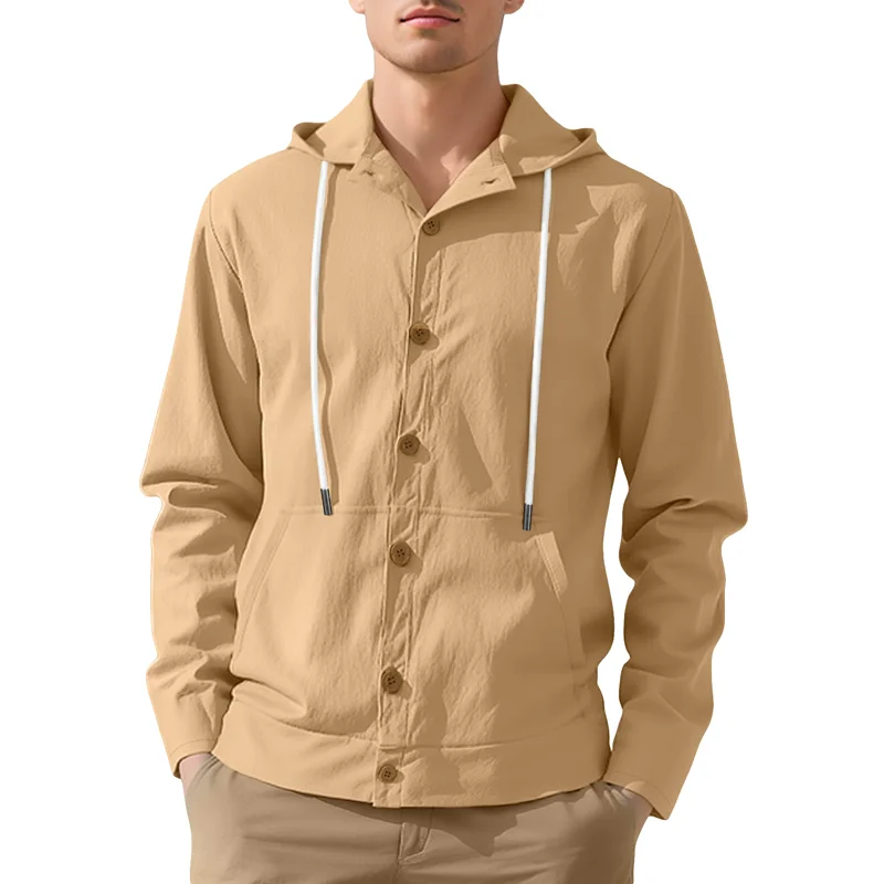 New Solid Men's Linen Casual Long Sleeve Hooded Shirts Spring Autumn Drawstring Single Breasted Beach Shirt Man Sports Blouse