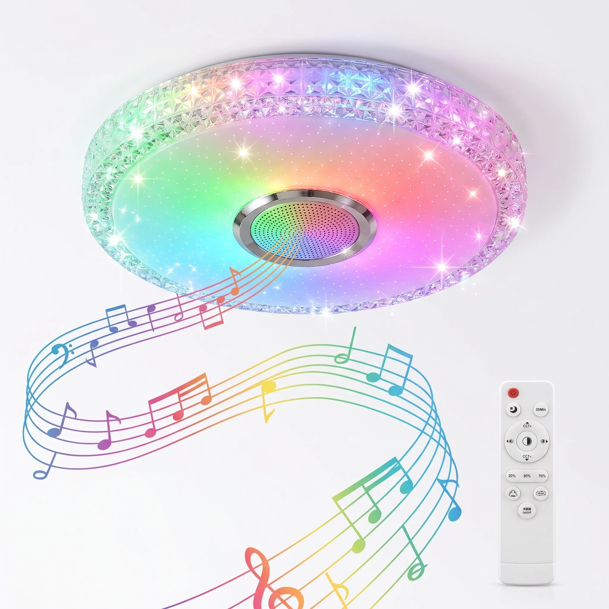 ceiling light, LED RGB ceiling light, featuring a three-color LED strip and Bluetooth speaker system with remote Christmas music