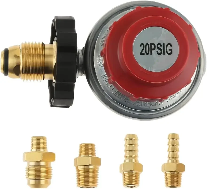 POL 0-20PSI Propane Regulator Valve 1/4inch NPT&3/8inch Flare Male Fitting, 5/16inch&1/4inch Hose Barb Connector