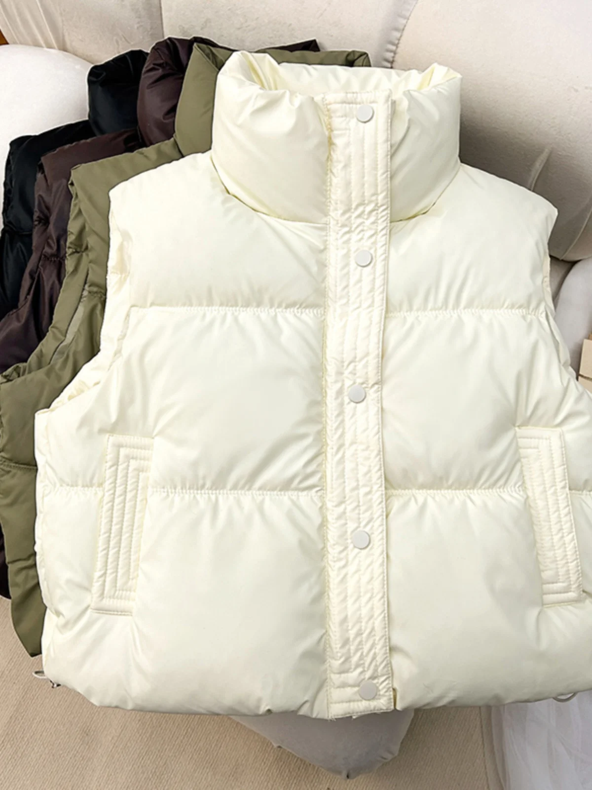 Women's down Cotton Vest 2024 New Autumn Winter Simple Pure Color Stand Collar Small Size Fashionable Outerwear