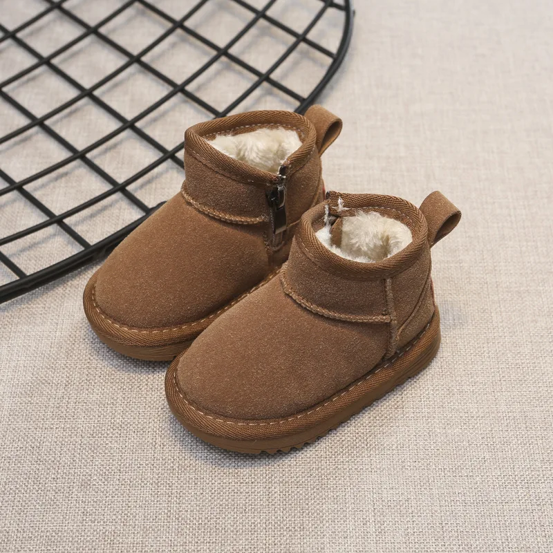 Botas de tornozelo de couro infantil, sola macia, antiderrapante, quente, neve, meninos, meninas, inverno, qualidade, tamanho 15-30