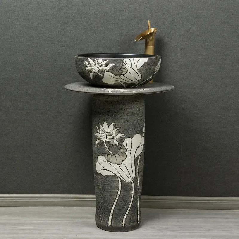 Wholesale Mini Ceramic Column Basin Floor Standing Washbasin for Small Apartment Hotel Bathroom Sanitary Ware with Mirror