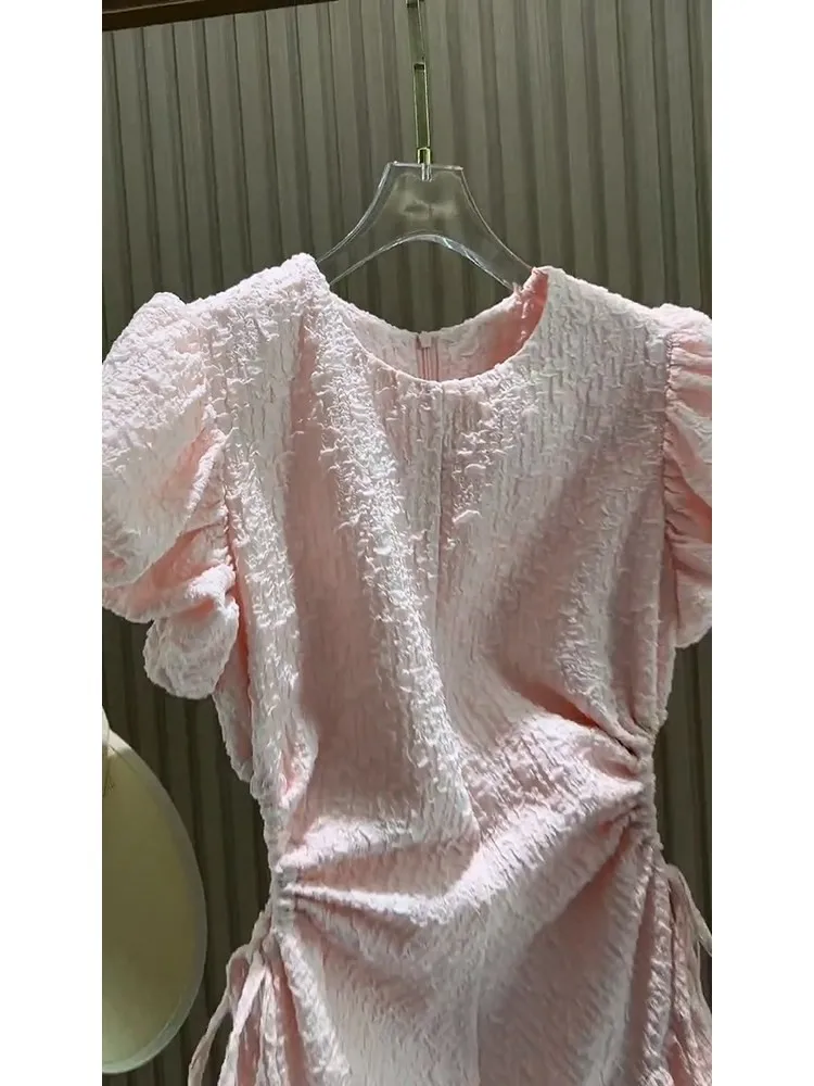 Summer Style Light Luxury Waist Dress Elegant Pink Puff Sleeve for Women