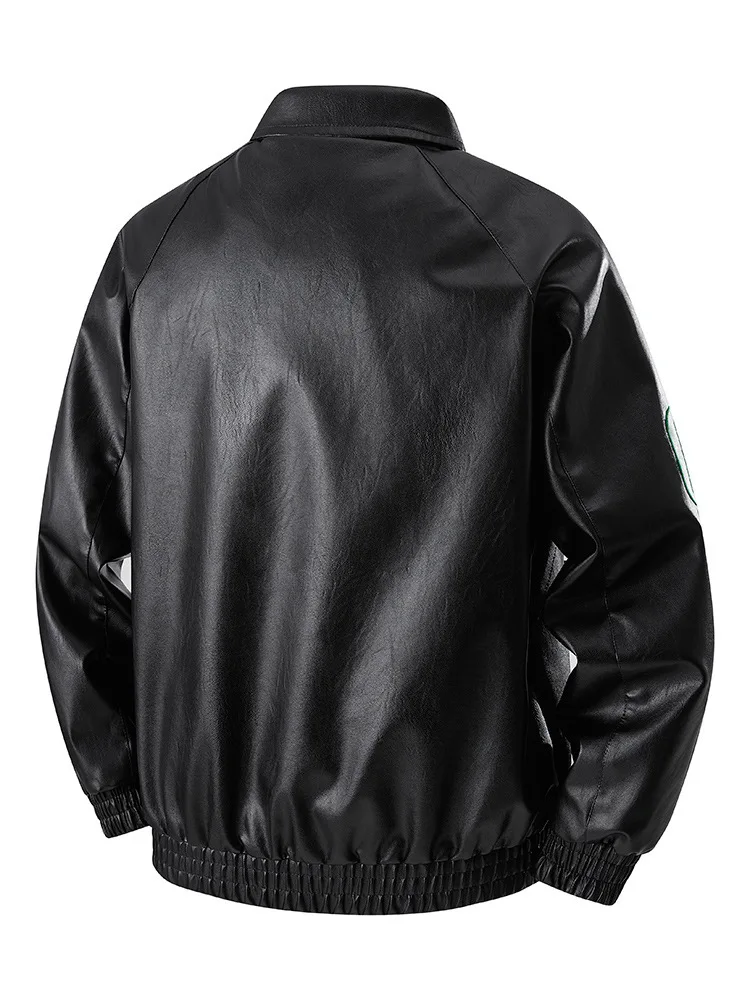 رجل سترة جلدية الخريف جديد رسالة مطبوعة الوقوف طوق طويلة الأكمام الرجال ملابس خارجية دراجة نارية فاسق فضفاض الذكور Bomber معطف