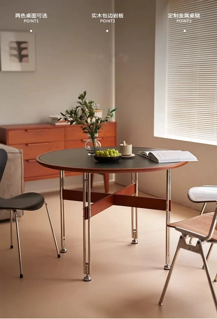 Meja makan batu alam abad pertengahan, meja bundar kayu solid retro, rumah tangga apartemen kecil, mewah ringan, kreatif minimalis, stainless steel