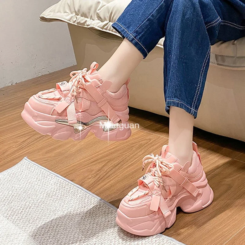 Platform Sports Shoes Tennis for Women Chunky Sneakers Thick Bottom Female Pink White Spring Autumn Vulcanized Shoes Lace-up PU