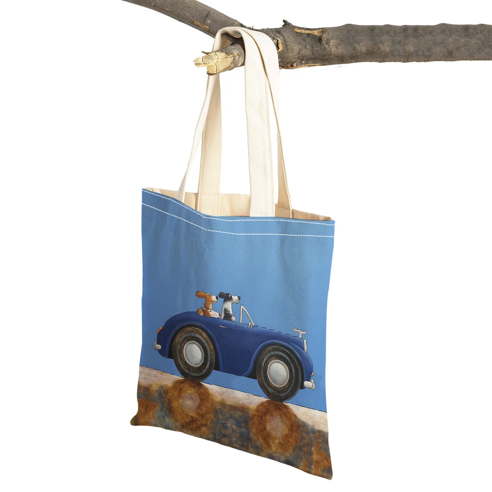Double Sided Print Tote Bag Vintage Convertible Cartoon Puppy Oil Painting Background Reusable Shopping Bag 40x38cm
