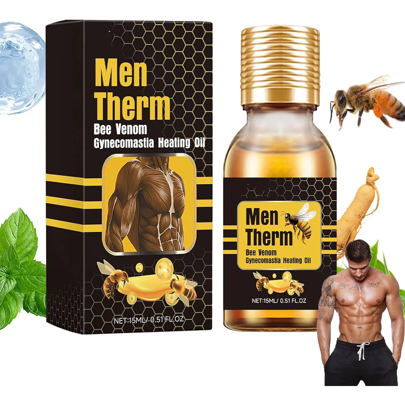 15ml Men Bee Gynecomastia Heating Oil Breast Shaping Breast Firm Massage Serum Breast Tighten Oil Skin Care Healthy Gift for Men