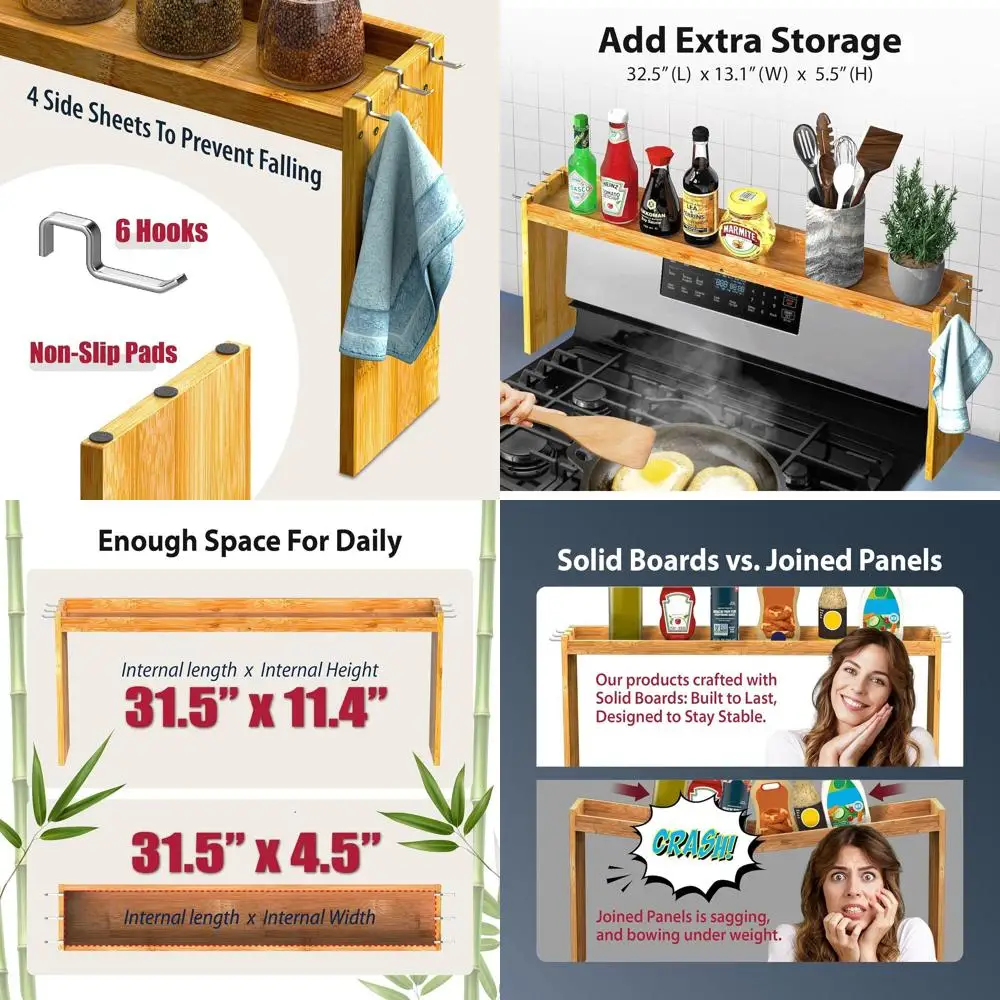 

Kitchen Spice Rack Organizer with 6 Hooks, 31.5 Stove Top Shelf, 11.4 Tall, Countertop Storage, Easy Assembly