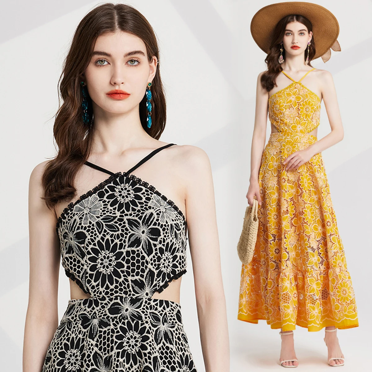 Summer Holiday Sexy Halter Hollow Out Long Dress Women's Off Shoulder Backless Bow Crochet Lace Embroidery Party Club Vestidos