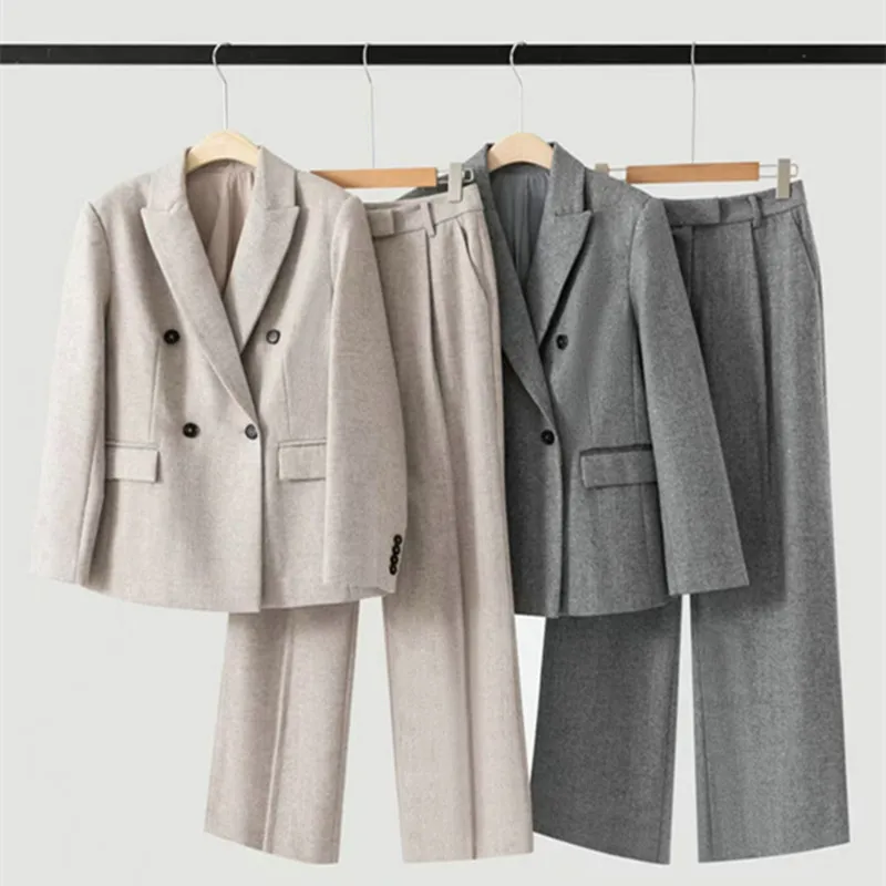 2026 New Women's Wool Cashmere Blend Double-Breasted Suit with Wide-Leg Pants Two-Piece Set