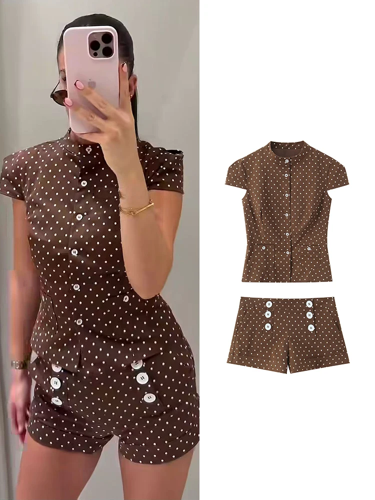 

TFMLN Fashion Shorts 2 Piece-Set For Women Vintage Polka Dots Short Sleeve Shirt Top Female Shorts Casual Outfits Summer New