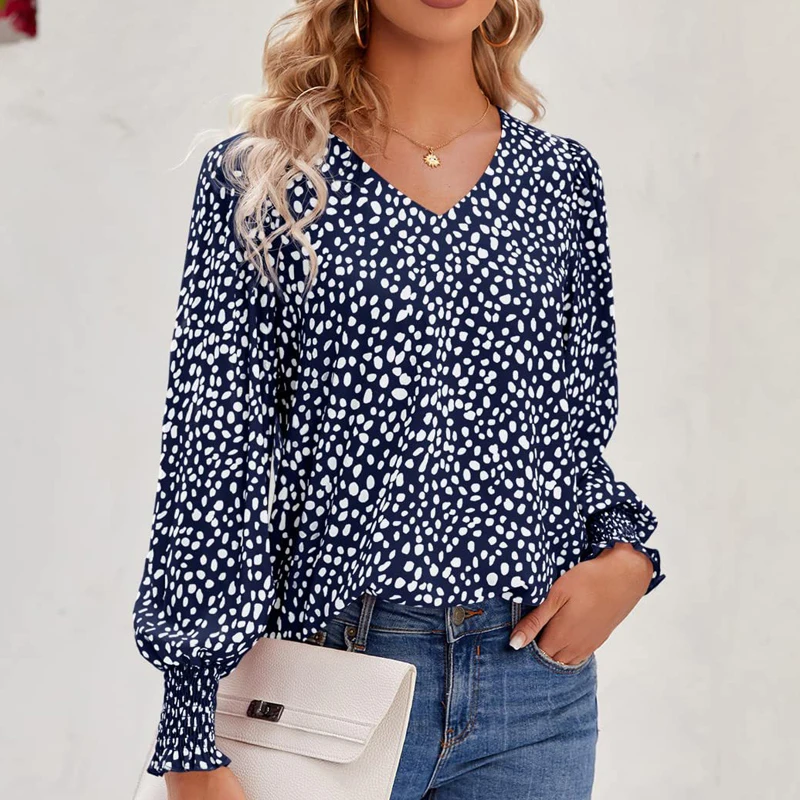 Women Dot Print V Neck Elegant Blouses Autumn Office Lady Long Sleeve Casual Shirts Loose Streetwear Tops Blusa Mujer Moda 2023