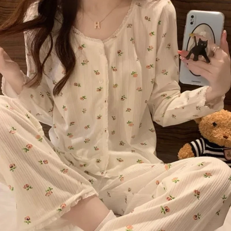 Pijama de manga comprida estilo princesa feminino, roupa de dormir, cardigã com gola redonda, traje floral, conjunto de duas peças, primavera, outono, novo, 2024