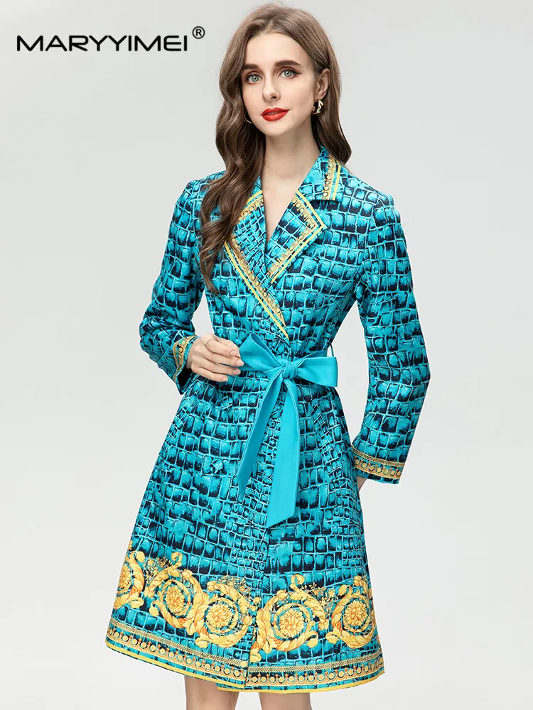 

MARYYIMEI New Fashion Runway Designer Overcoat Women's Laple Long Sleeves Bow Girdle Blue Block Vintage Print Trench Coat