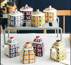 Creative Hand-painted Ceramic Seasoning Cans for Home Kitchen Seasoning Organizers Salt and Sugar Pepper Storage Spice Cans