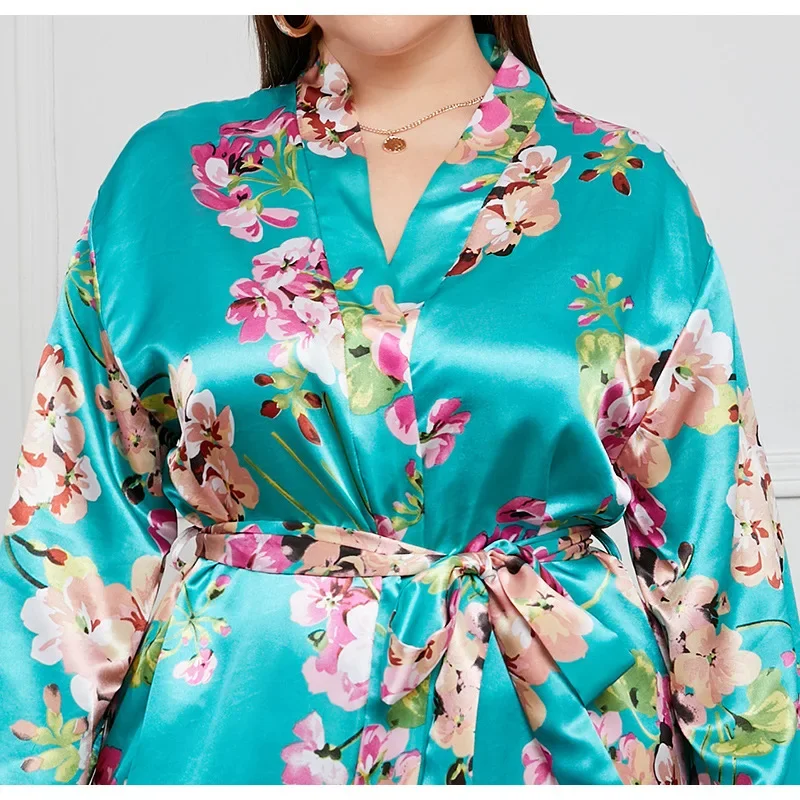 Lange Robe Japanischen Frühling Herbst Satin Nachtwäsche Gedruckt Blume Kimono Bademantel Kleid Weibliche Nachthemd Lose Hause Kleid 4XL 5XL