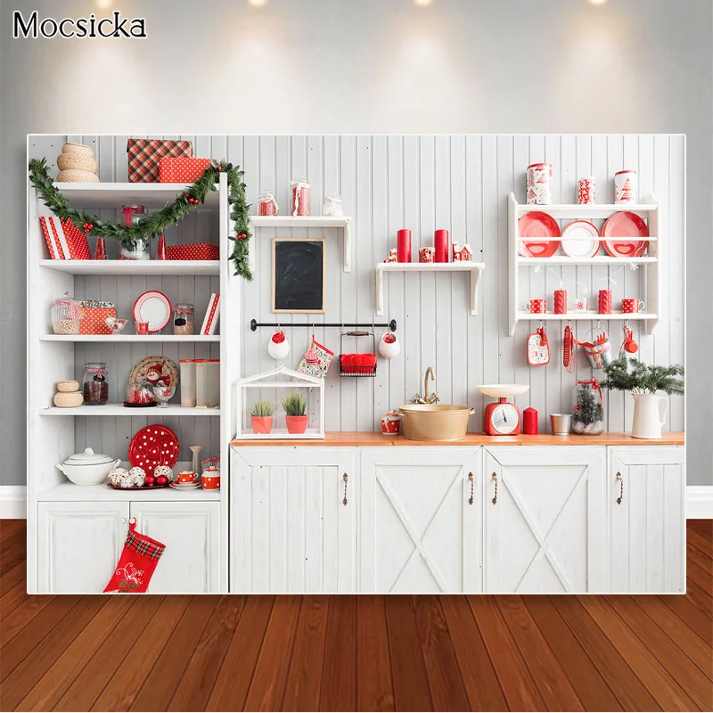Christmas Kitchen Backdrops for Photography Brown Wood Cupboard Backgrounds for Photo Studio Christmas Tree Decorations Supplies