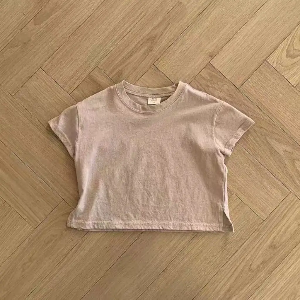 T-shirt monocromática de manga curta infantil, roupa de bebé, estilo coreano, top macio e confortável, roupa casual, verão, novo, 2004