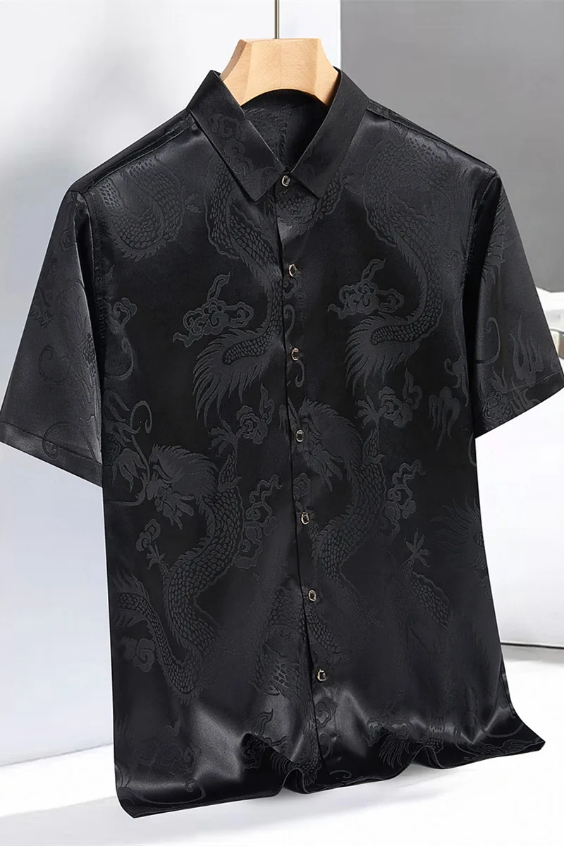 Vintage Chinese Dragon Print Tang Suit Shirt Tops Traditional Clothing For Men Silky Kungfu Blouse Cheongsam Top Hanfu Men