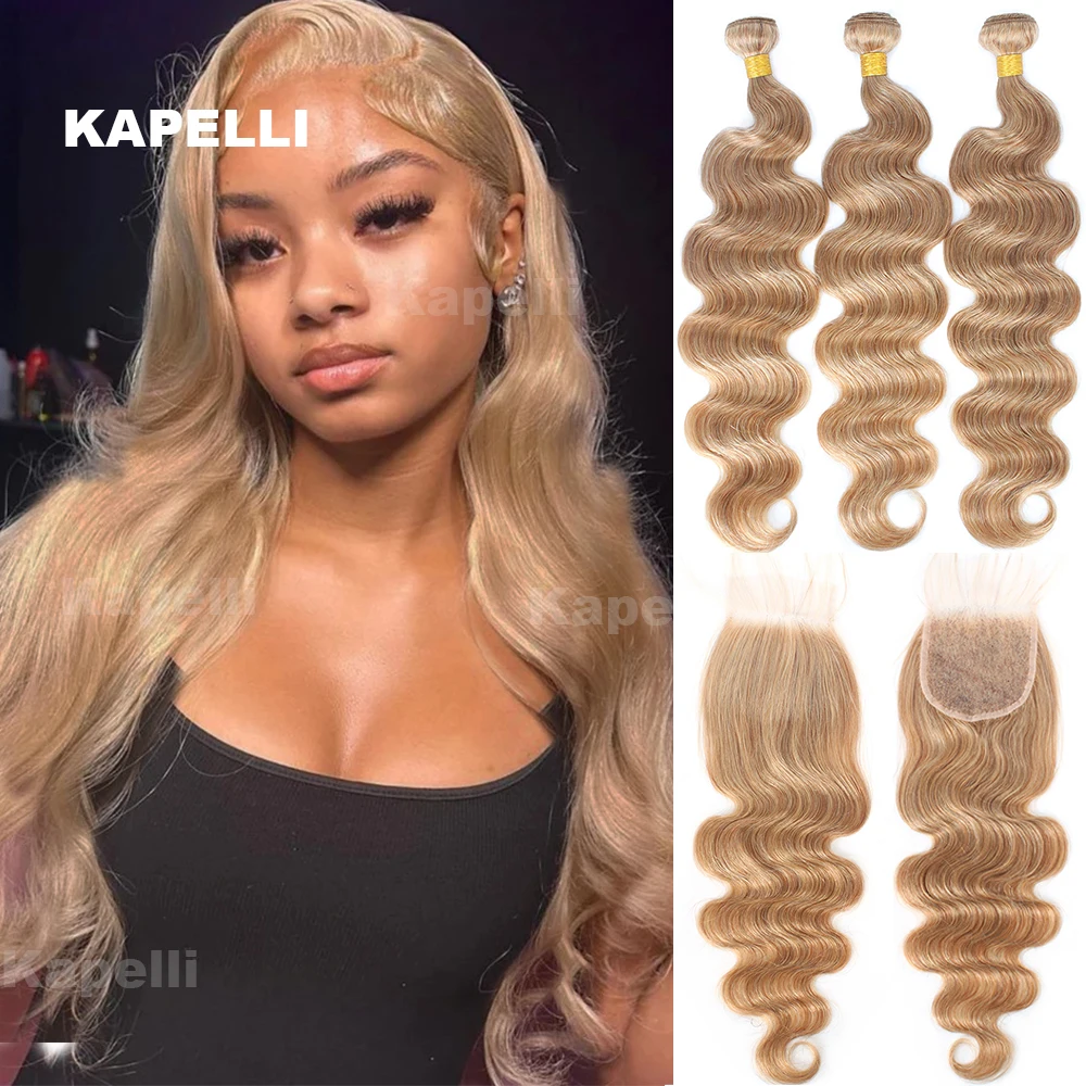 100% Human Hair Bundles With Closure Blonde Body Wave Raw 3 4 Bundles With 4x4 HD Lace Closure Virgin Hair Weave Extensions