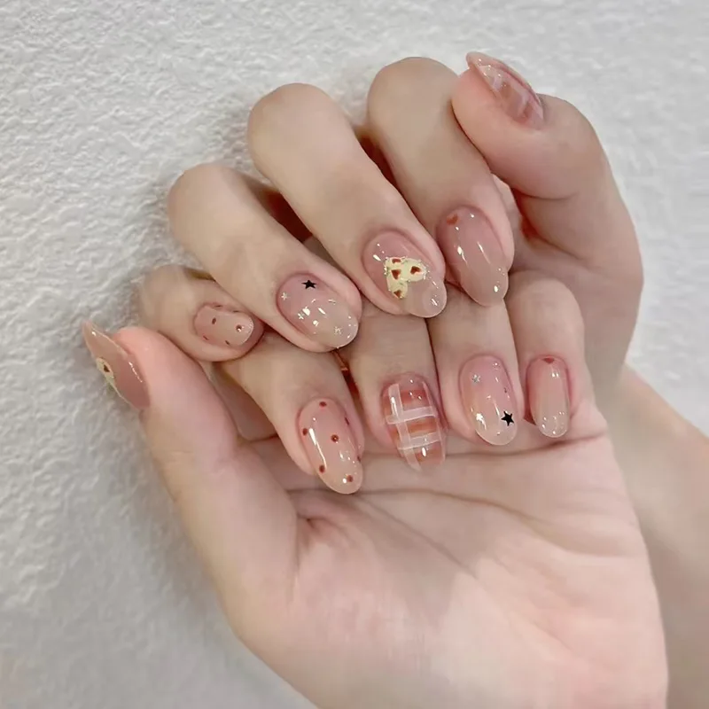 

24Pcs Red Heart Grid Star Design Nails Set Press on Round Detachable Artificial False Nails Full Cover Polka Dot Fake Nails Tips