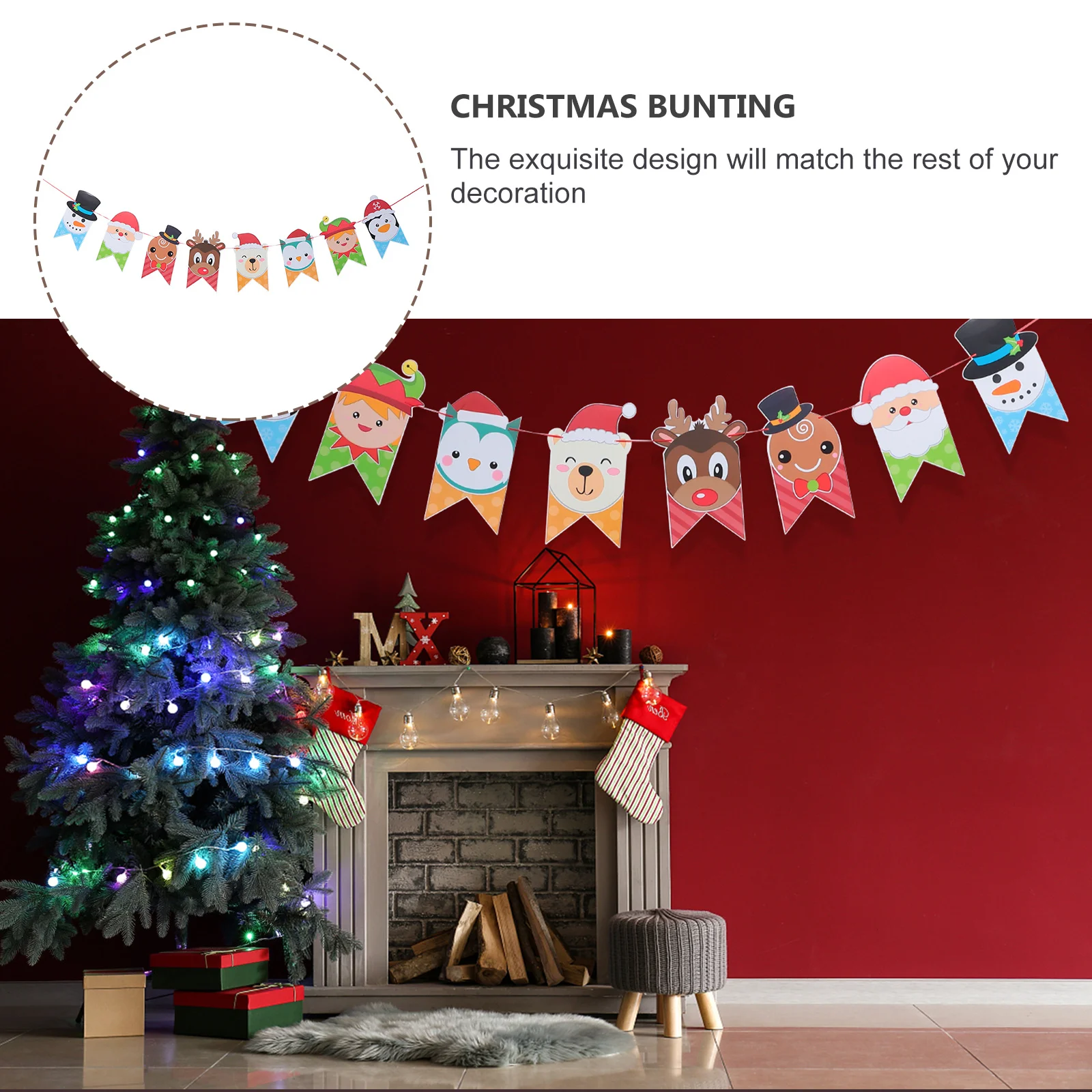 

1Pcs Christmas Paper Banner Cartoon Bunting Hanging Ornament for Party Wall Window Door Mantelpiece Xmas Decoration Supplies