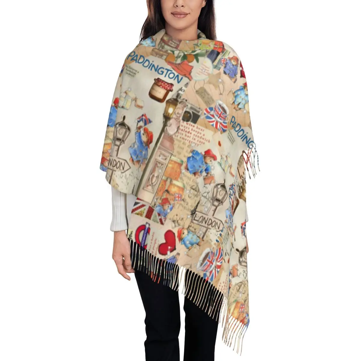 

Women's Scarf with Tassel Paddington Brown Bear Large Winter Warm Shawl Wrap Britain Cartoon Movie Gifts Pashmina Scarves