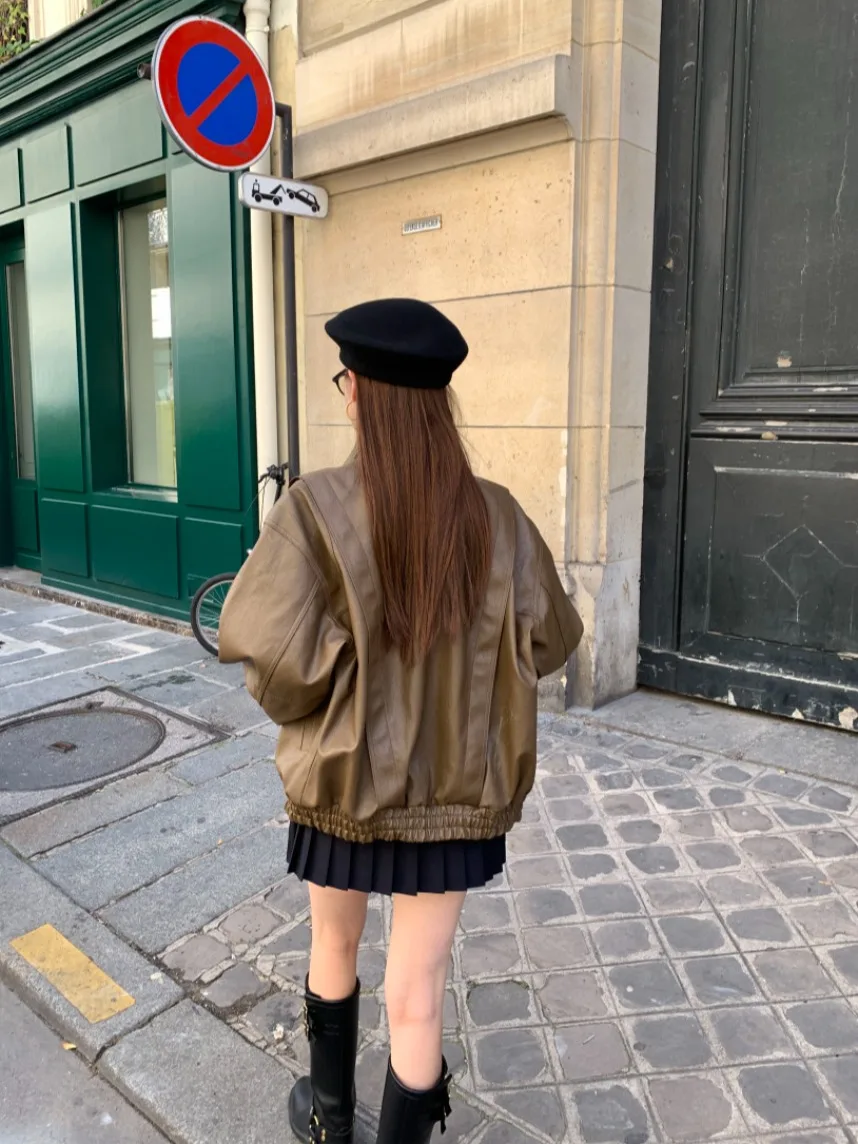 Casual Lose Leder Jaet Frauen Einfache Neutral Strickjacke Mantel Herbst Winter Faion Chic Pendeln Reine E-commerce S