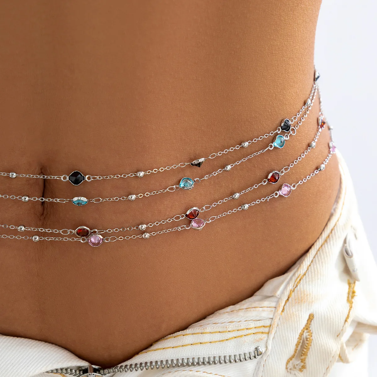 Waist Chain Round Beads and Rhinestone Thin Link Sexy Bikini Beach Body Jewelry for Women Durable Adjustable Gold Plated