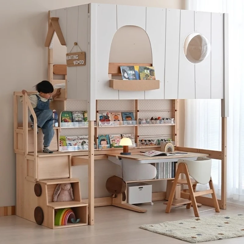 Tree house, solid wood children's half-height bed, multi-mode play house, slide cabinet, upper and lower bunk beds