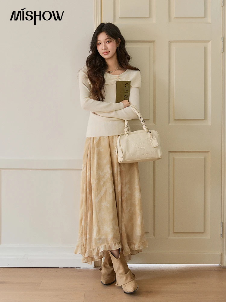MISHOW Women's Beige Chiffon Maxi Skirt 2026 Spring Floral Print