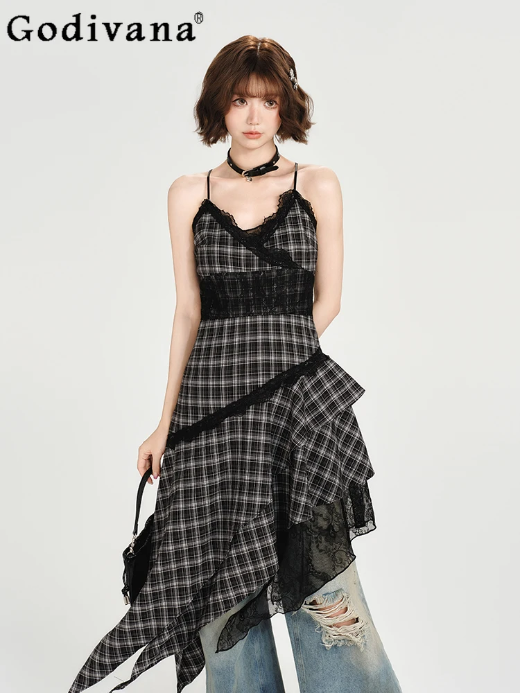 

Новое американское ретро клетчатое летнее кружевное милое платье на подтяжках, женские черные платья трапециевидной формы с v-образным вырезом и высокой талией, уменьшающие возраст