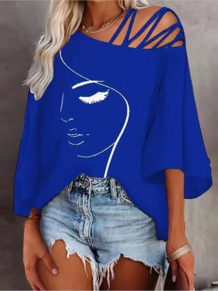 Women Print Loose Sexy Diagonal Collar Off Shoulder Hollow Out Tops 2025 Spring Autumn Fashion Elegant Half Sleeve Blouses Top