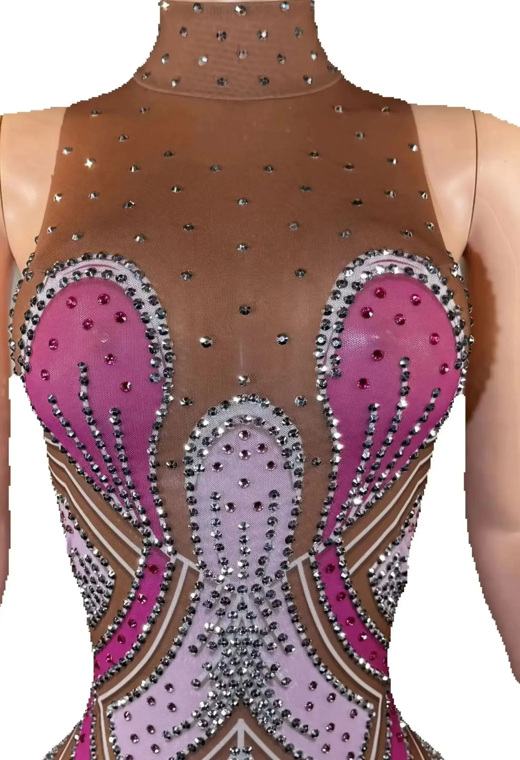 ZD Glamour Robe longue sirène en cristal rose – Robe de soirée moulante transparente sans manches avec strass pour femme,