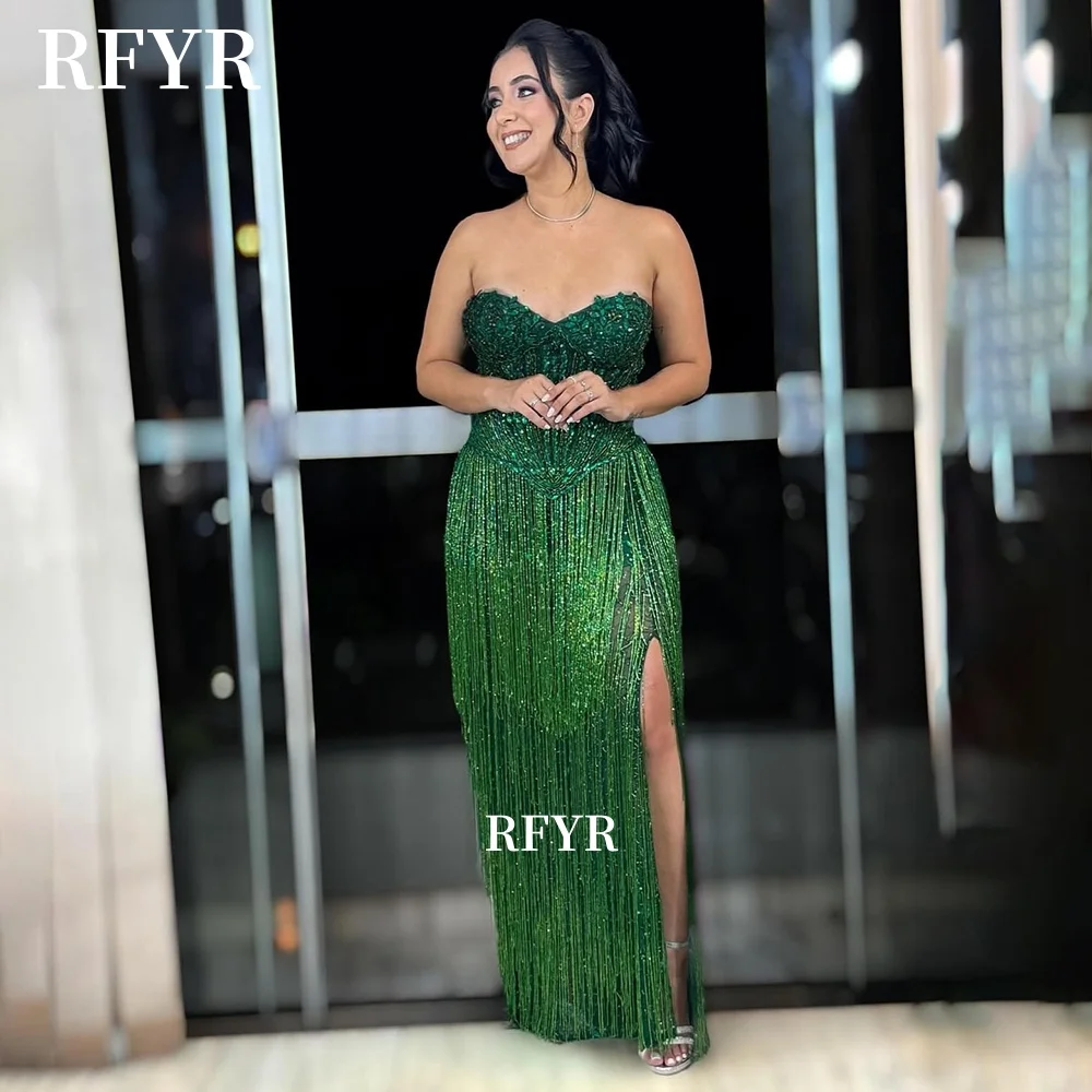 RFYR Green Party Dress Tassels Evening Dress Side Slit Prom Dress with Applique Elegant Fairy Dress for Princess Customized