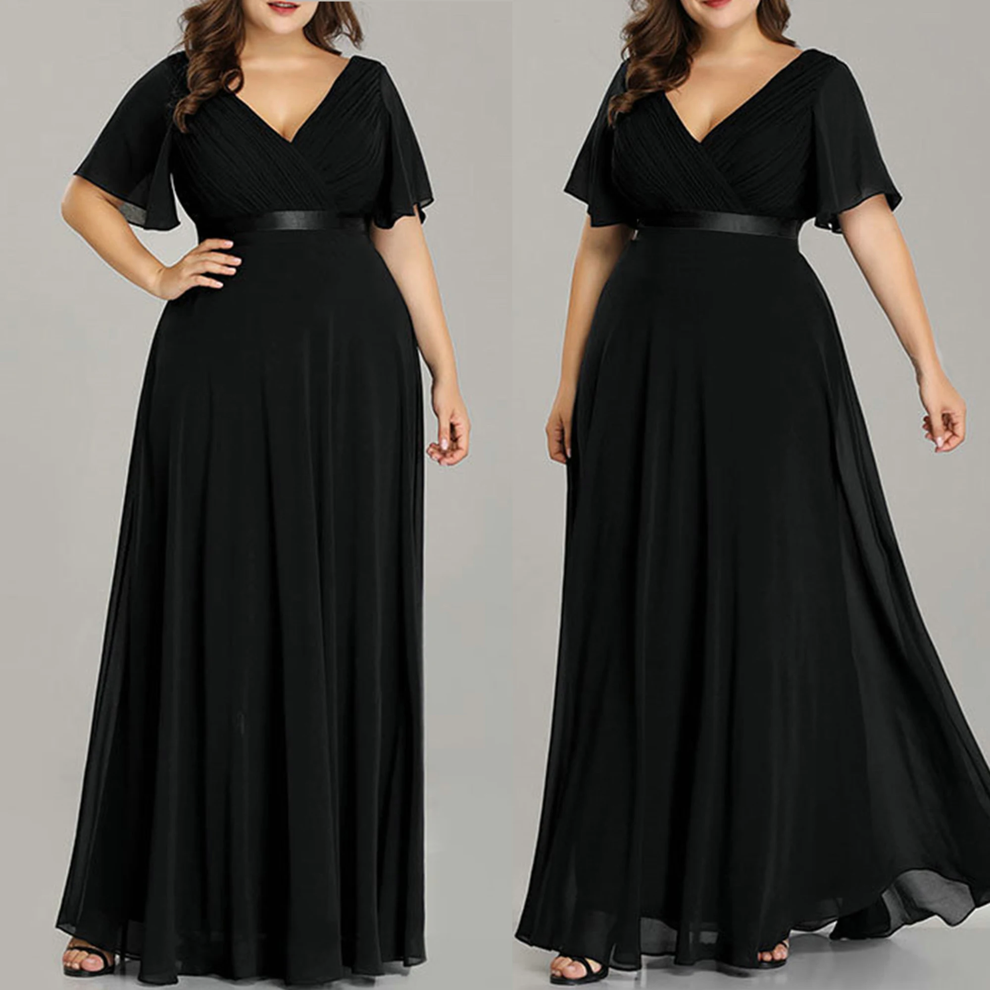 Nowe damskie sukienki wieczorowe Plus Size Długa elegancka linia V Szyja Ruffles Szyfonowa suknia ślubna Robe De Soiree