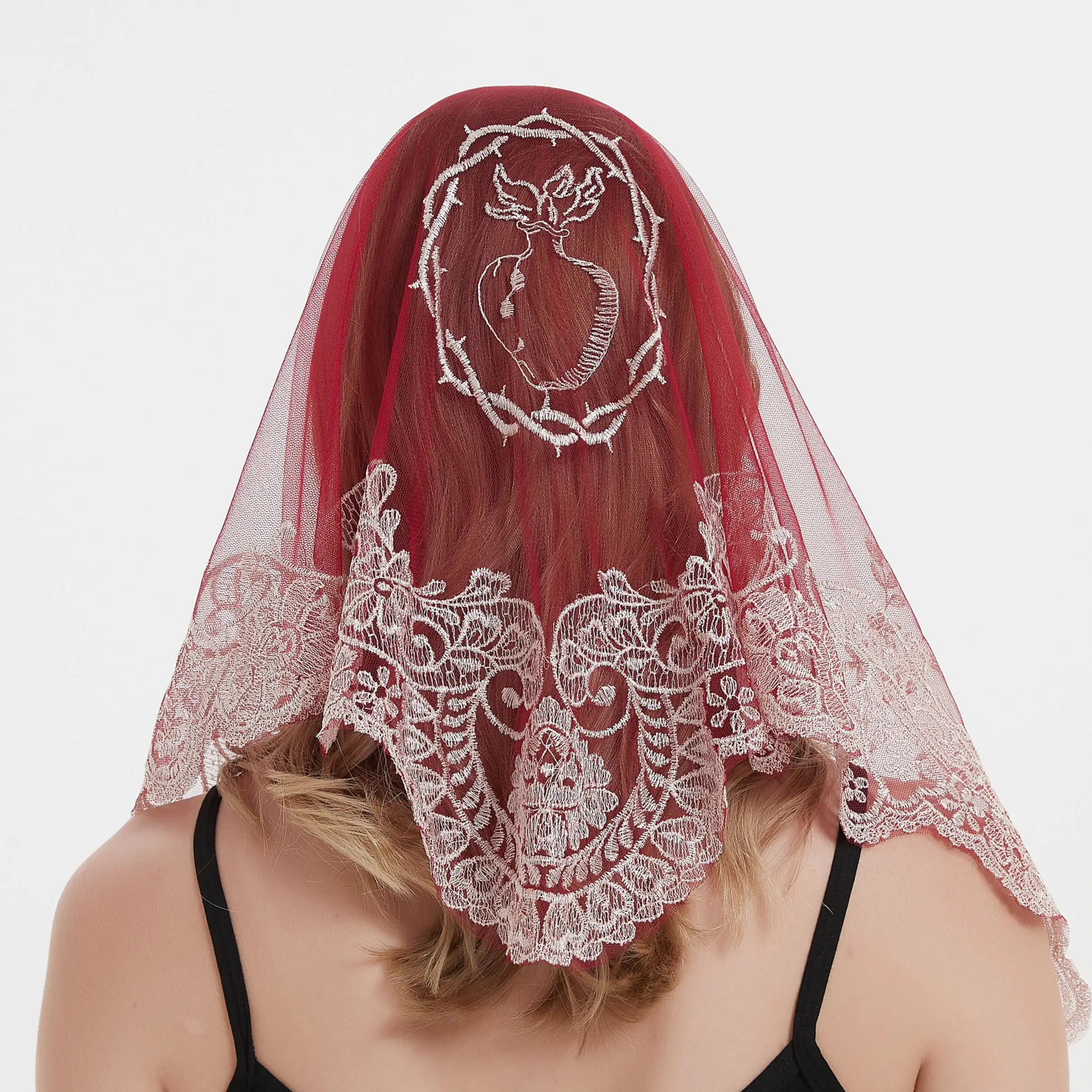 Lenço triangular bordado para mulheres, xale católico, Mantilla