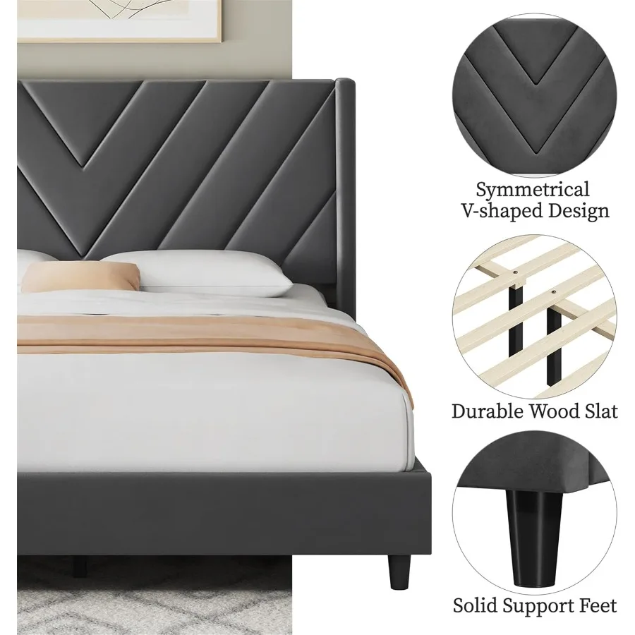 إطار سرير كوين، سرير بمنصة منجدة مع شريحة خشبية بجانب جناح تدعم اللوح الأمامي معنقدة مع كريم أساس للمرتبة الجانبية