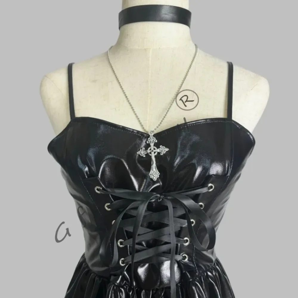 ミサ天音デスノートコスプレ衣装模造革セクシーなドレスネックレスレース袖ストッキング女性制服アニメ衣装