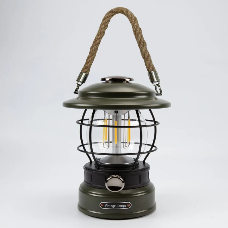 Outdoor Retro Camping Light Cob Waterproof Portable Camping Tent Lamp Vintage Led     Camping Lanterns with Rattan Hook